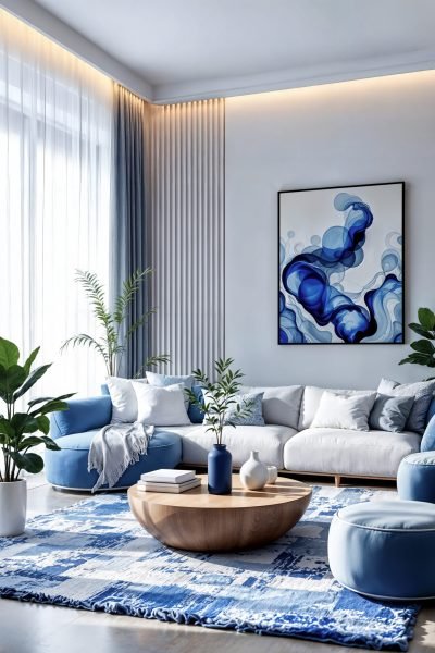 modern living room with blue accents